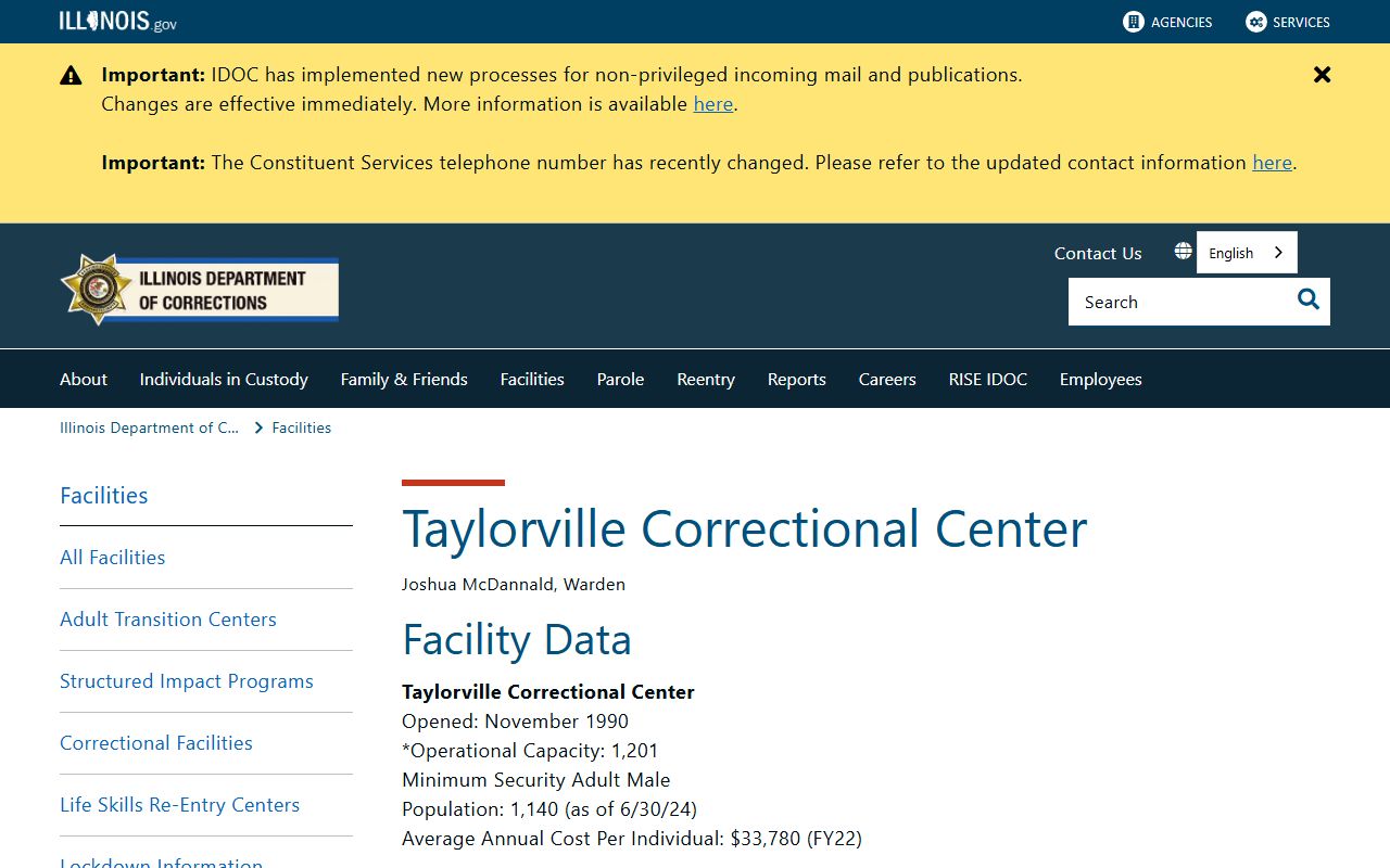 Taylorville Correctional Center IDOC facility page with inmate search and visitation information